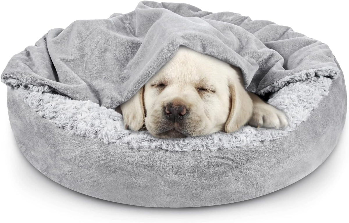 JOEJOY Small Dog Bed Cat Bed with Hooded Blanket, Cozy Cuddler Luxury Puppy Pet Bed, Donut Round
