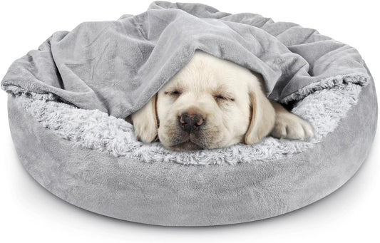 JOEJOY Small Dog Bed Cat Bed with Hooded Blanket, Cozy Cuddler Luxury Puppy Pet Bed, Donut Round