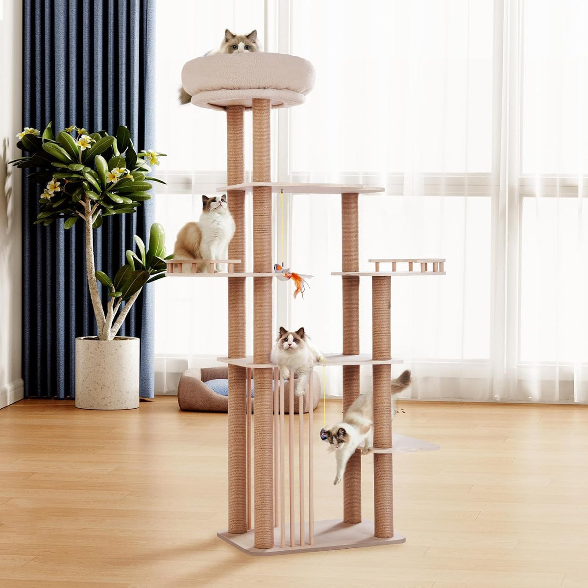 68" Large Cat Tree, Solid Wood Multi-Level Cat Tower with Scratching Posts, Fun Toys, and Washable