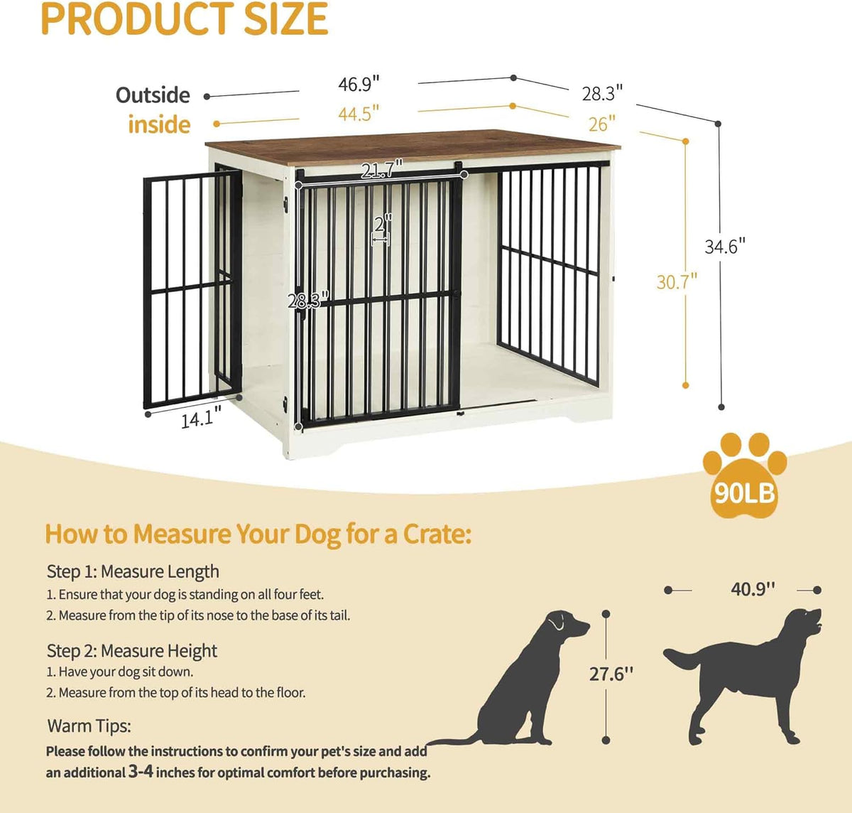 XXL Large Dog Crate Furniture, 46.9" Indoor Dog Kennel Furniture with Barn Door, Wooden Tall Dog