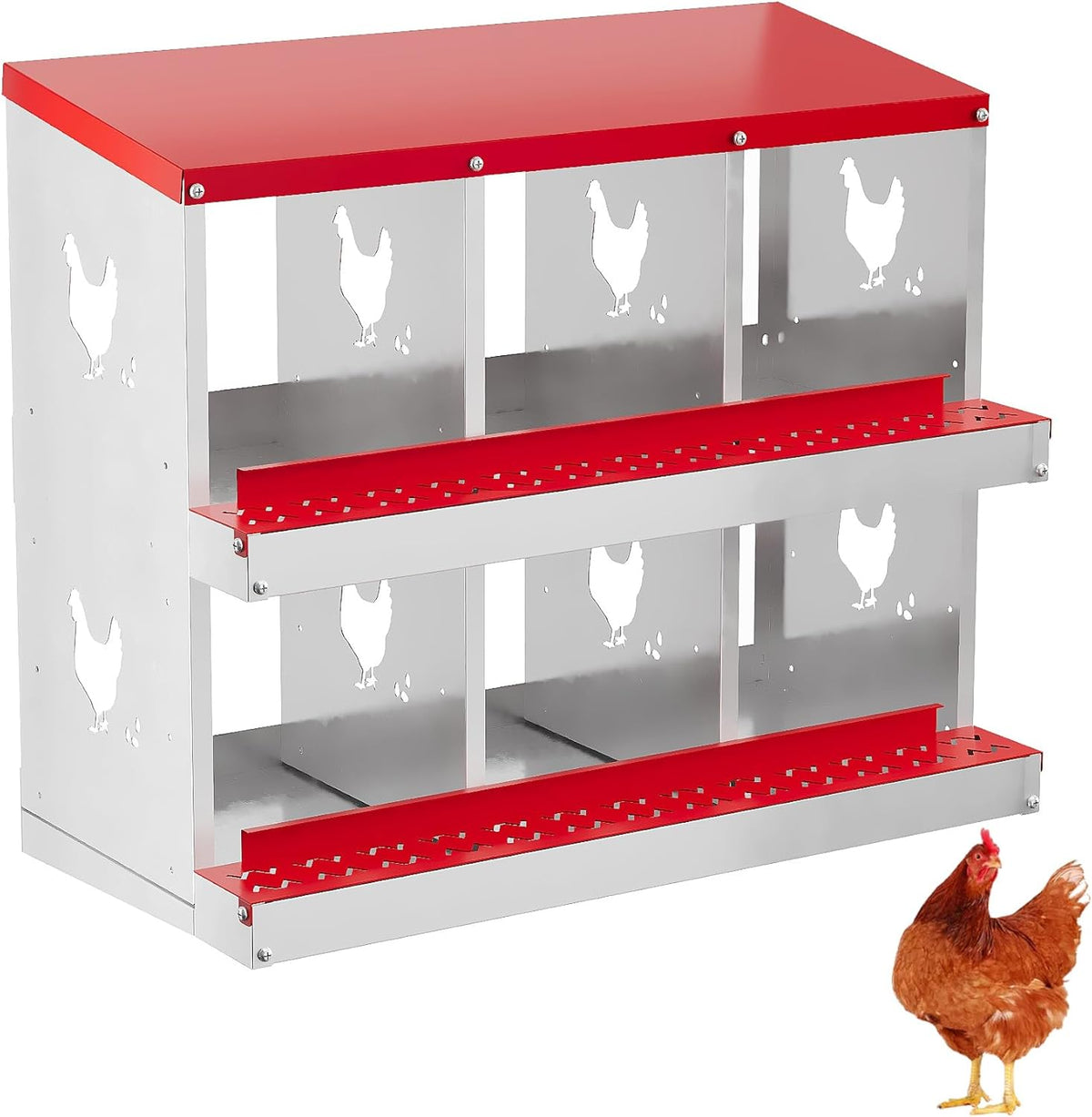 6 Hole Chicken Nesting Box with Roll Out Egg Tray, Rustproof & Ventilated Chicken Laying Boxes for