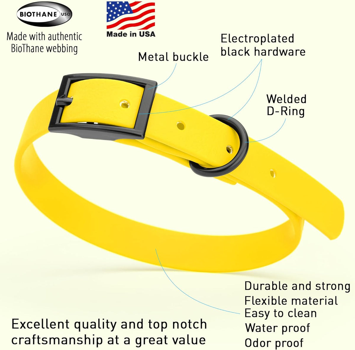 Dogline Biothane Waterproof Dog Collar Strong Coated Nylon Webbing with Black Hardware Odor- Proof
