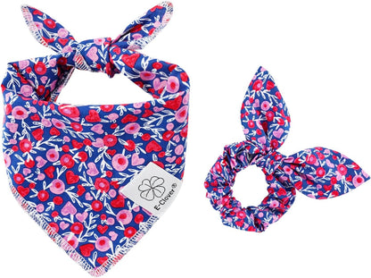 E-Clover Cute Girl Dog Bandanas & Matching Scrunchie Set Heart Dog Bandana Scarf with Bow Hair Ties