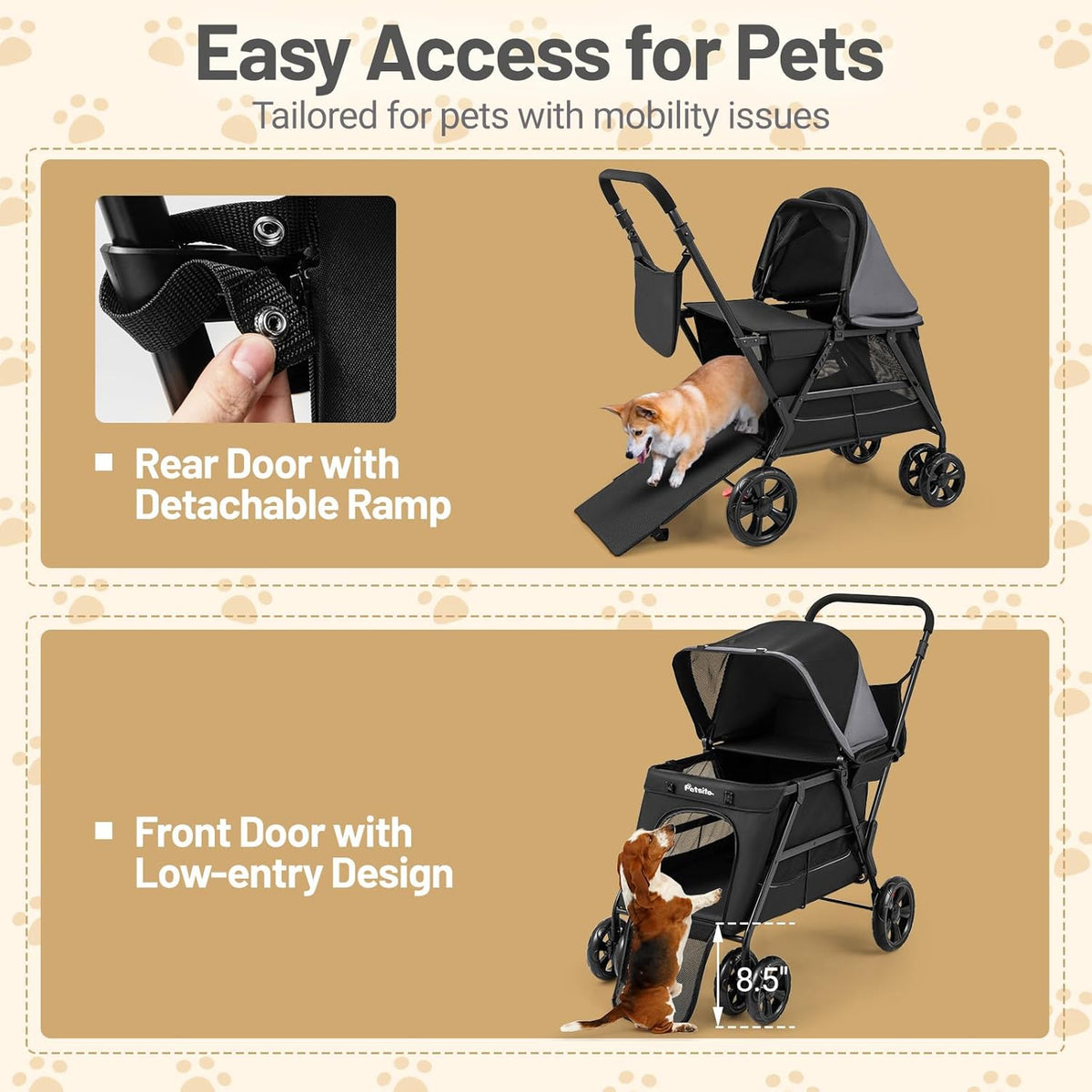 PETSITE 4 Wheels Dog Stroller, Foldable Cat Stroller with Dual Entries, Ramp, Mesh Windows