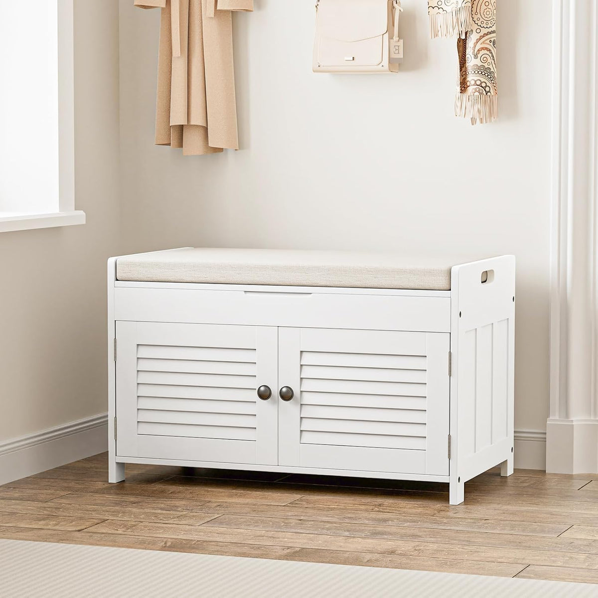 Shoe Storage Bench with Lift Top Storage, Entryway Bench with Cushioned Seat, Adjustable Shelf, 2
