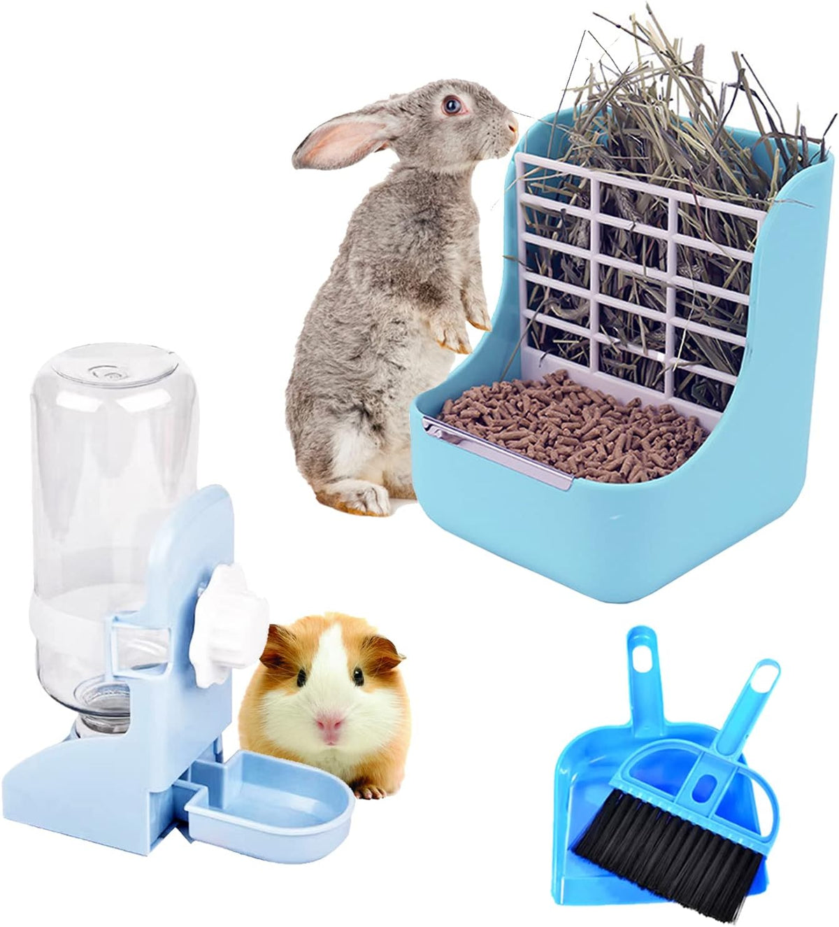 HERCOCCI PET Feeder and Water Bottle Set, Large Blue (500ml), Durable Hay Food Bin Feeder, Food