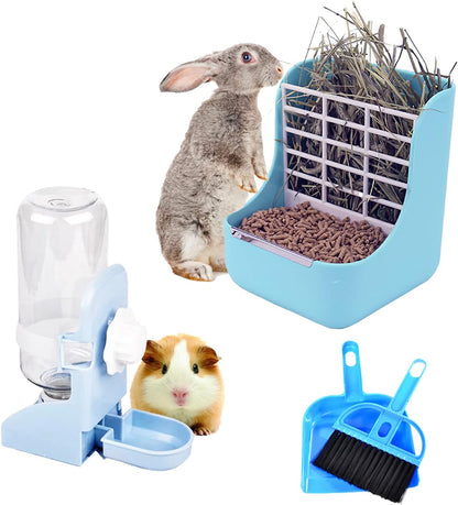 HERCOCCI PET Feeder and Water Bottle Set, Large Blue (500ml), Durable Hay Food Bin Feeder, Food