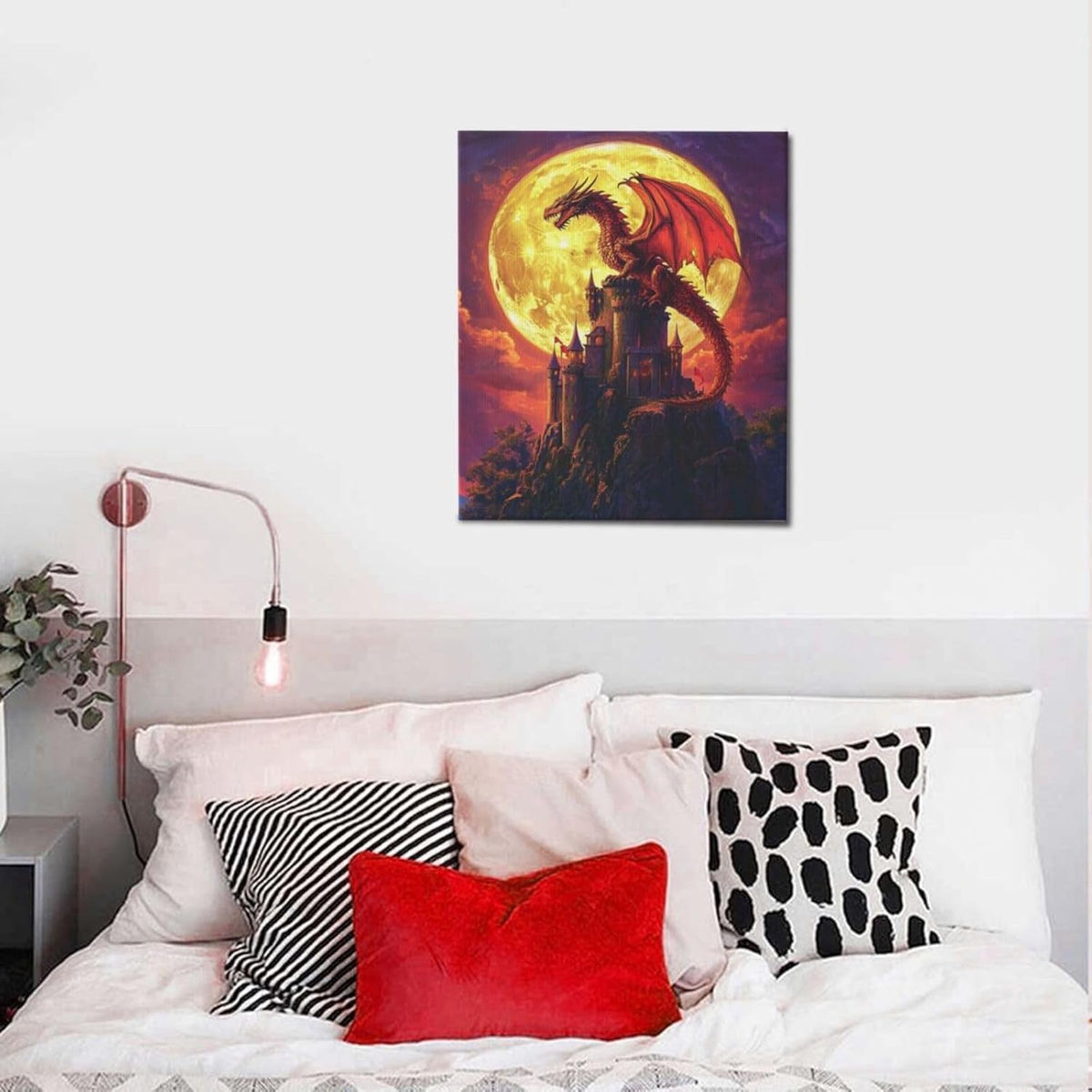 Dragon Bathroom Pictures Wall Art, Red Dragon Castle Bathroom Wall Decor, Framed Painting Canvas