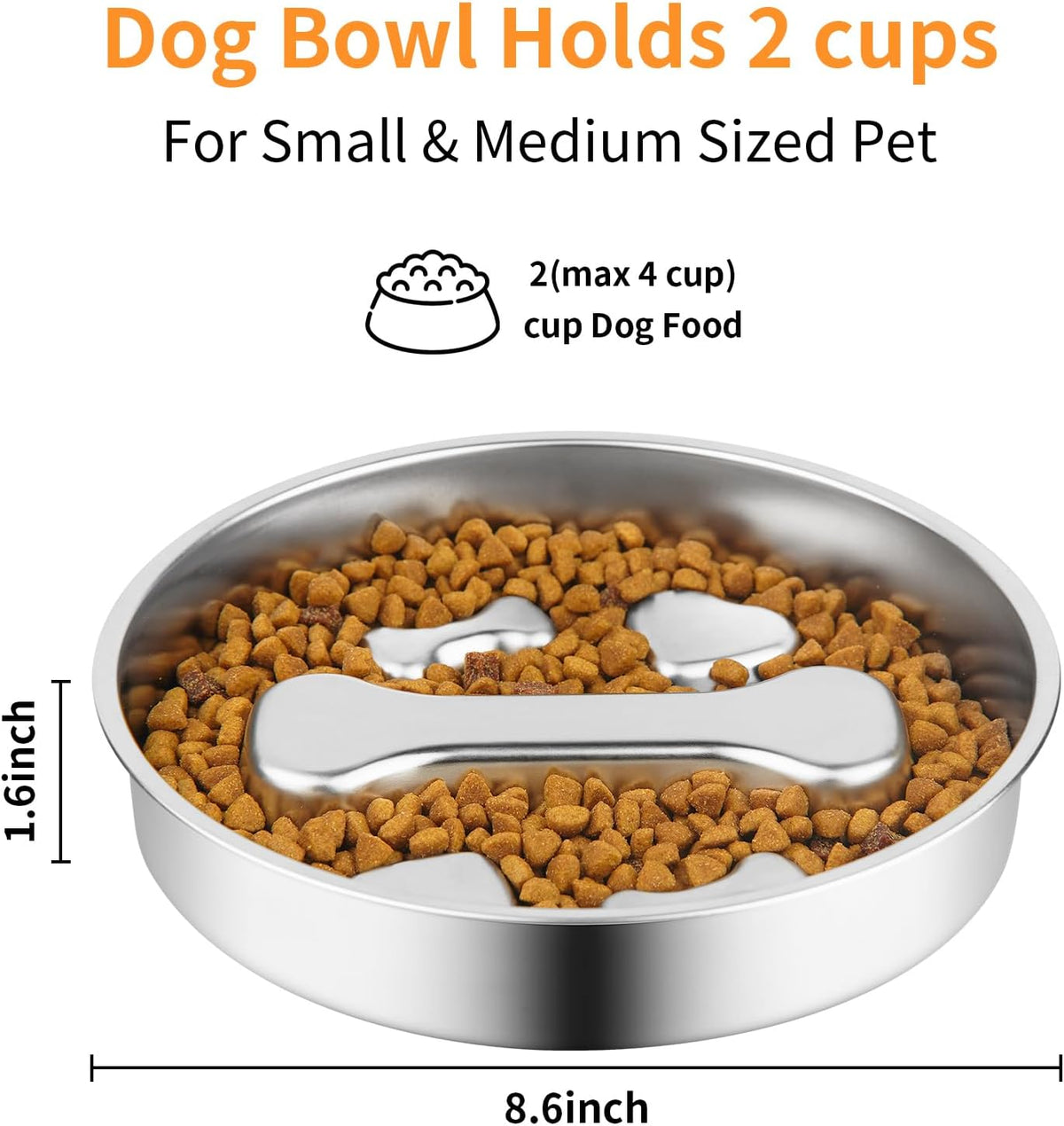 Slow Feeder Dog Bowl - 2 Cups Stainless Steel Dog Slow Feeder Food Bowl, Metal Non-Slip Lick