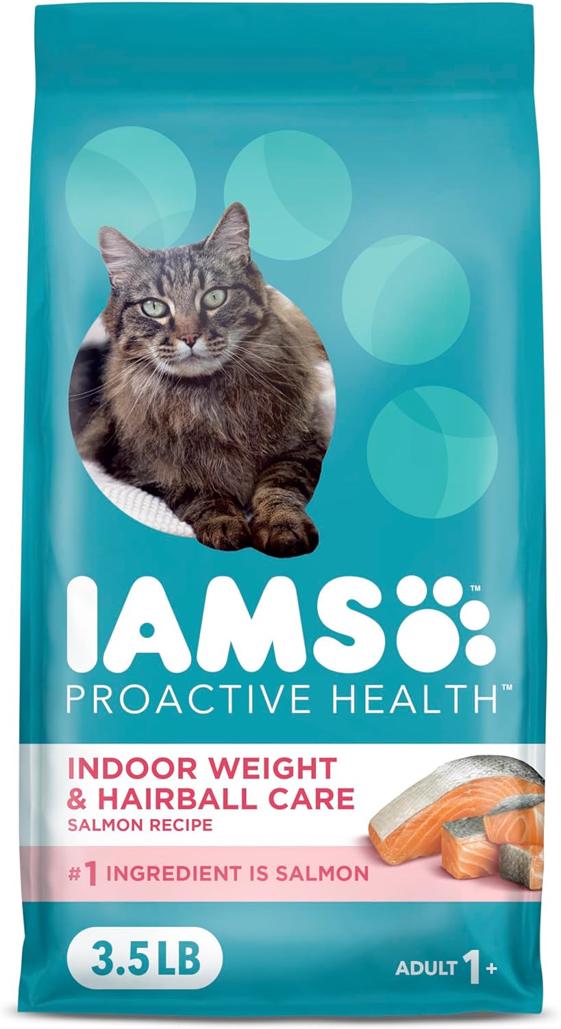 IAMS Proactive Health Indoor Weight Control & Hairball Care Adult Dry Cat Food, Salmon Recipe, 3.5