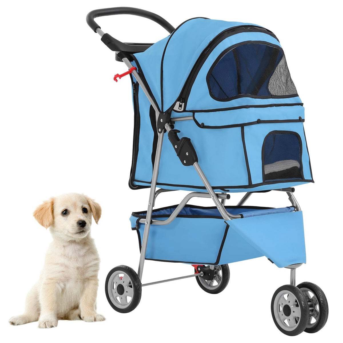 Foldable Pet Stroller for Cats and Dogs 3 Wheels Carrier Strolling Cart with Weather Cover, Mesh
