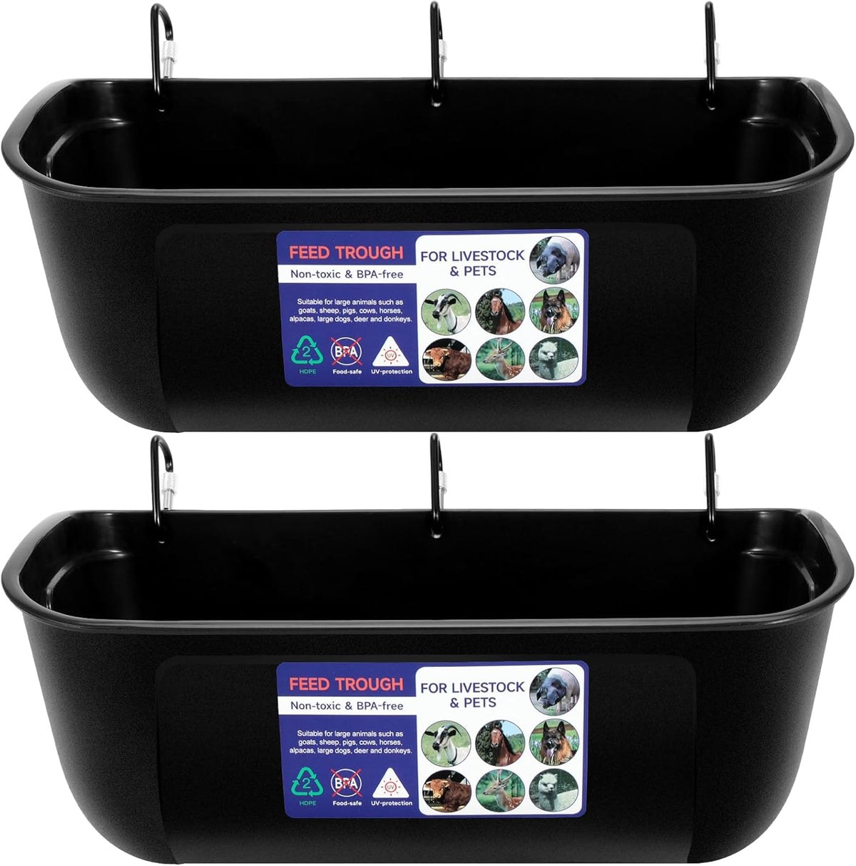 Goovilla Large Feed Trough, Hanging or Screw-in Fence Feeder with Clips, 2 Pack 9 Quart Goat Feeder