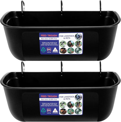 Goovilla Large Feed Trough, Hanging or Screw-in Fence Feeder with Clips, 2 Pack 9 Quart Goat Feeder