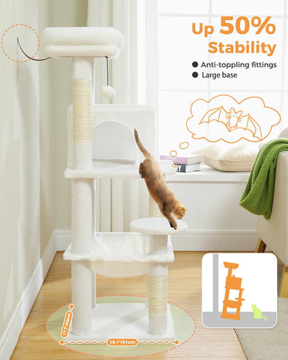White Cat Tree for Indoor Cats, 45.7" Multi-Level Cat Tower with Large Metal Frame Hammock, Cat