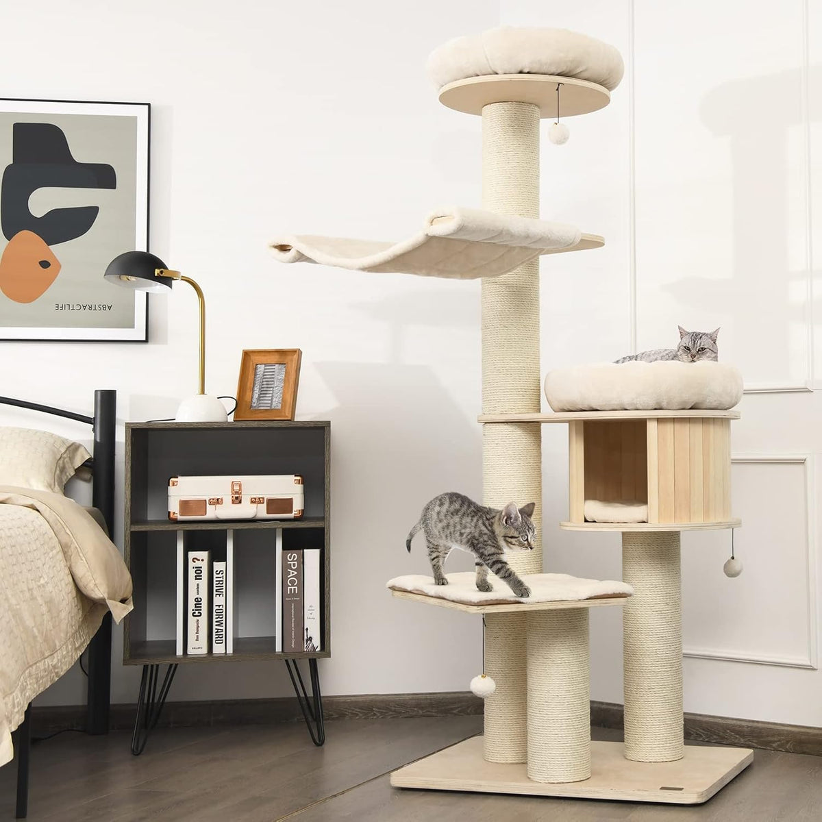 Tangkula Modern Cat Tree, Multi-Level Large Cat Tower with Condo, Hammocks & Hanging Basket, Tall