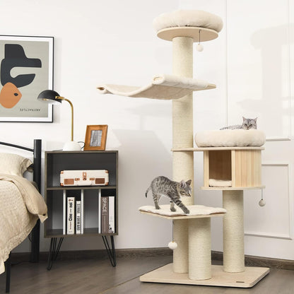 Tangkula Modern Cat Tree, Multi-Level Large Cat Tower with Condo, Hammocks & Hanging Basket, Tall