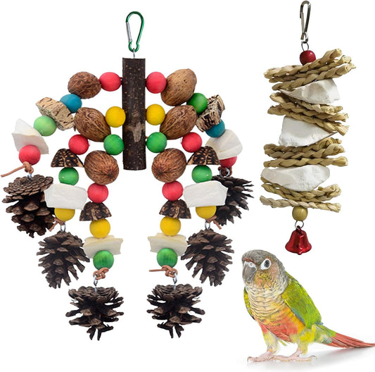 kathson Parrot Chew Toys, Medium Size Natural Wooden Bird Toys with Colorful Blocks, Hanging Bird