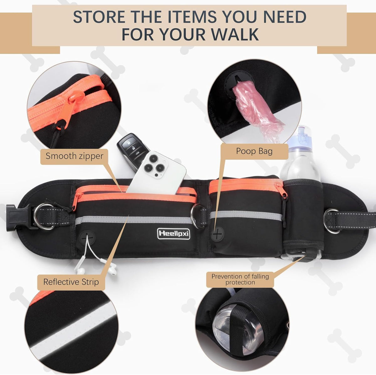 Hands-Free Waist Leash with Pouch for Two Dogs: Reflective Stitching, Dual Handle & Bungee