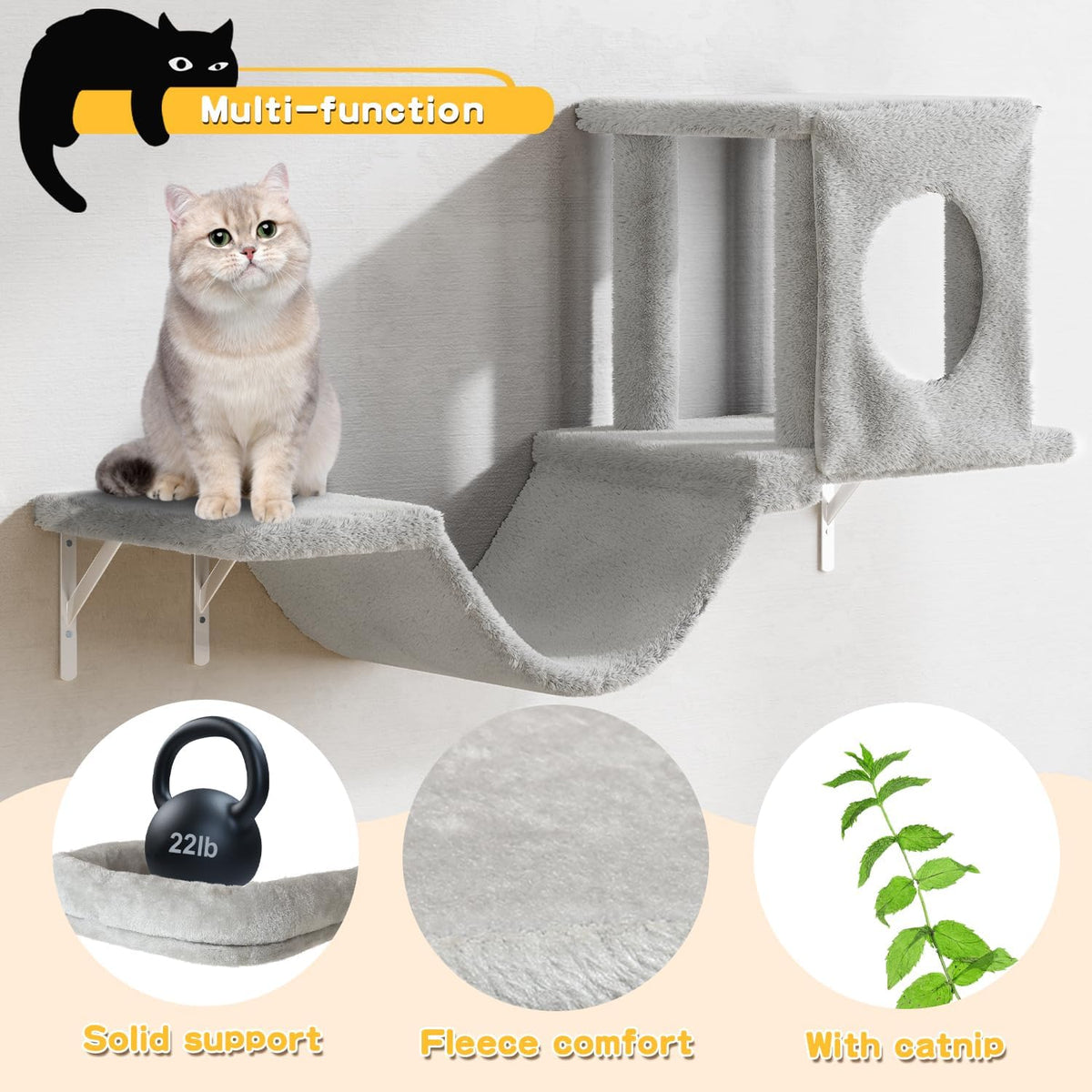 NUNU LAB Wall Mounted Cat Furniture, 6 Pcs Cat Wall Shelves with Condo House, Bridge, Steps