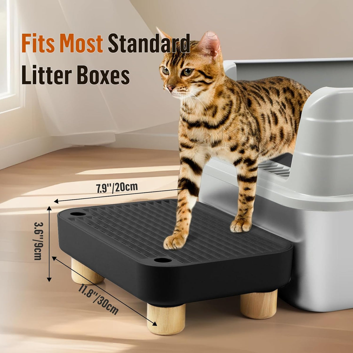 Cat Litter Box Step Ramp, Cat Litter Catcher Mat with Wooden Feet, Filter Function, Cat Pedal Stool