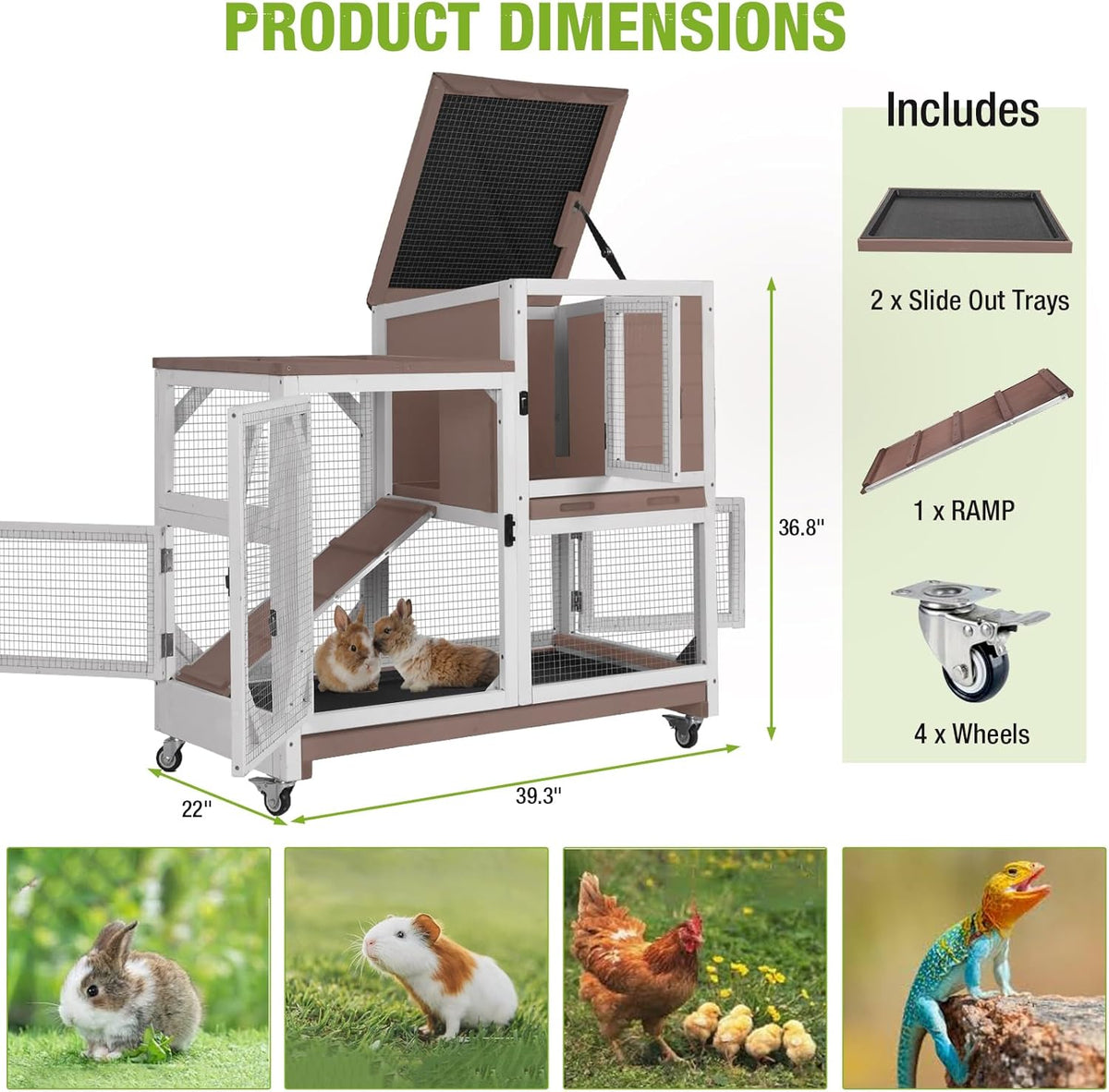 Gutinneen 2-Story Rabbit Hutch with Chew-Proof Ramp & Leak-Proof Trays - Indoor/Outdoor 39.3"