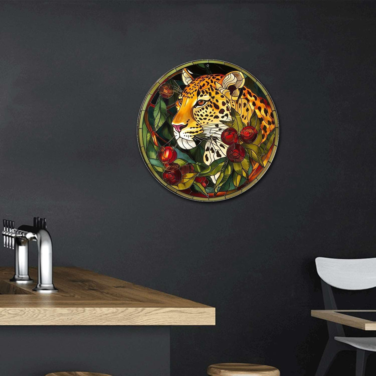 Lygond Metal Sign Tin Sign Circular Stained Glass Leopard Bathroom Signs For Home For Club 12×12
