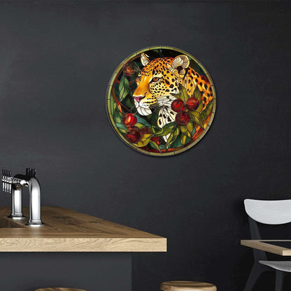 Lygond Metal Sign Tin Sign Circular Stained Glass Leopard Bathroom Signs For Home For Club 12×12