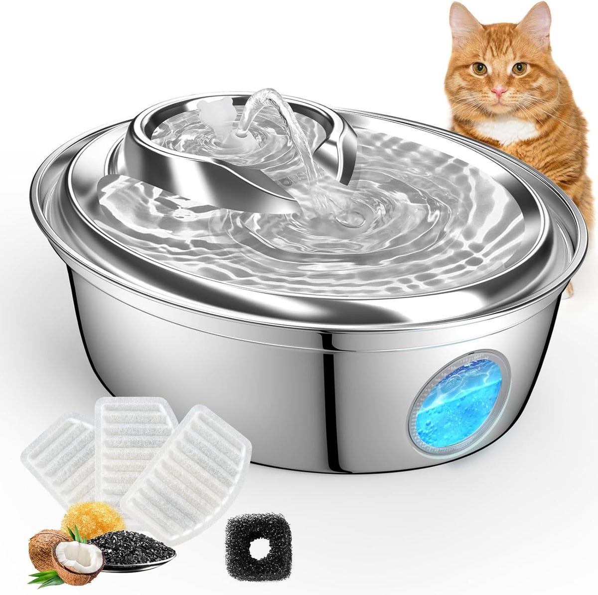 ORSDA Cat Water Fountain Stainless Steel, Automatic Pet Water Fountain, 67oz/2L Drinking Fountain