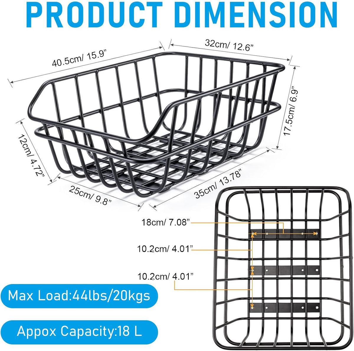 CXWXC Rear Bike Basket - Bicycle Rear Basket with Cargo Net and Waterproof Cover - Rear Mount