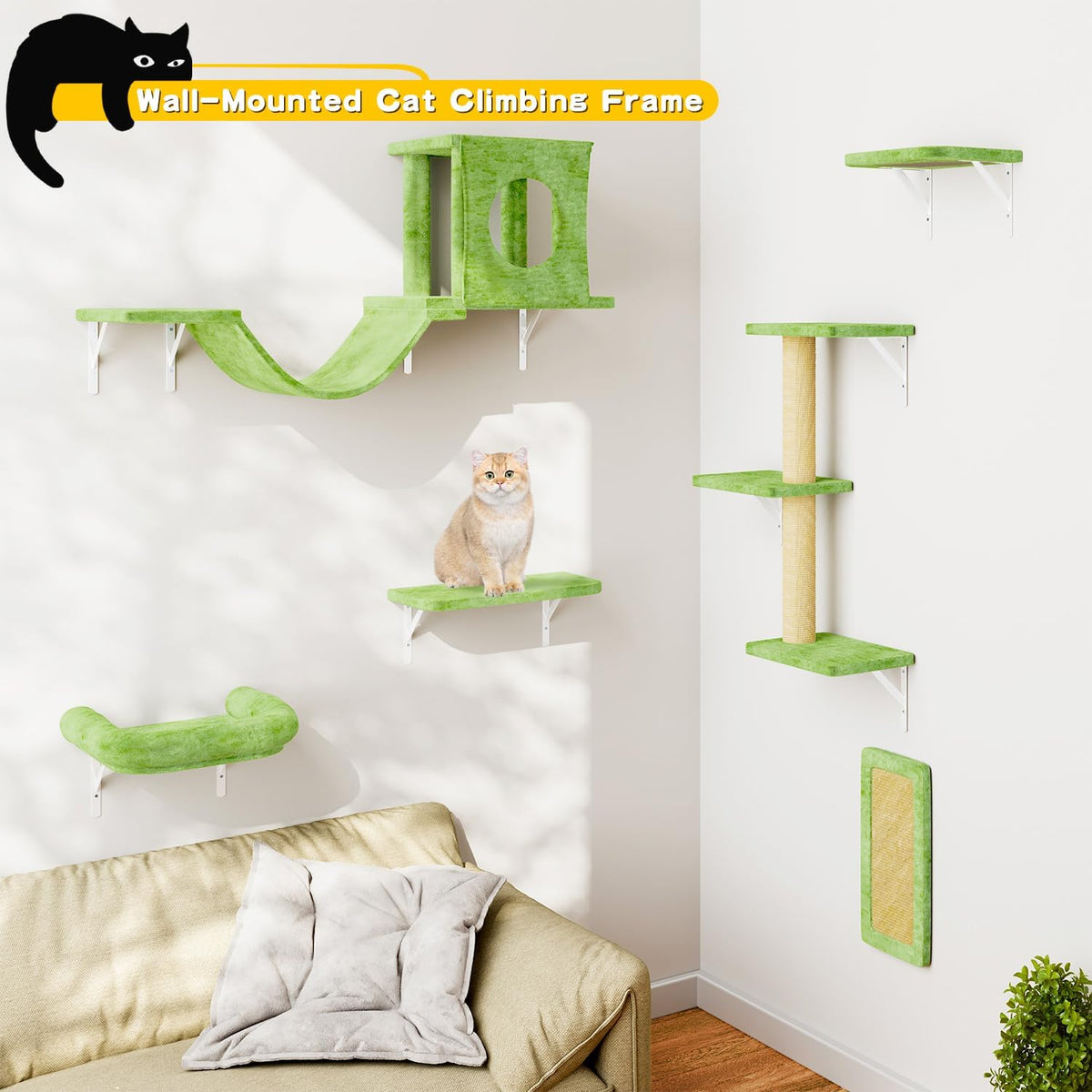 NUNU LAB Wall Mounted Cat Climber Set, 6 Pcs Cat Furniture Set with House, Bridge, Steps, Scratcher