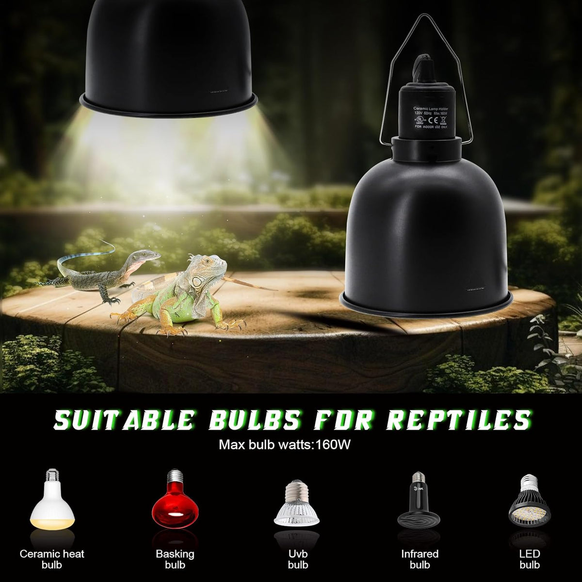 Reptile Light Fixture with Dimming Switch and Timer, 5.5 Inch Deep Dome Reptile Heat Lamp Fixture