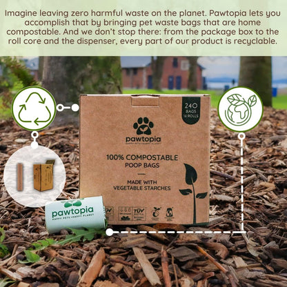 Pawtria Certified Home Compostable Dog Poop Bags (240) + Kraft Paper Dispenser, Biodegradable Poop