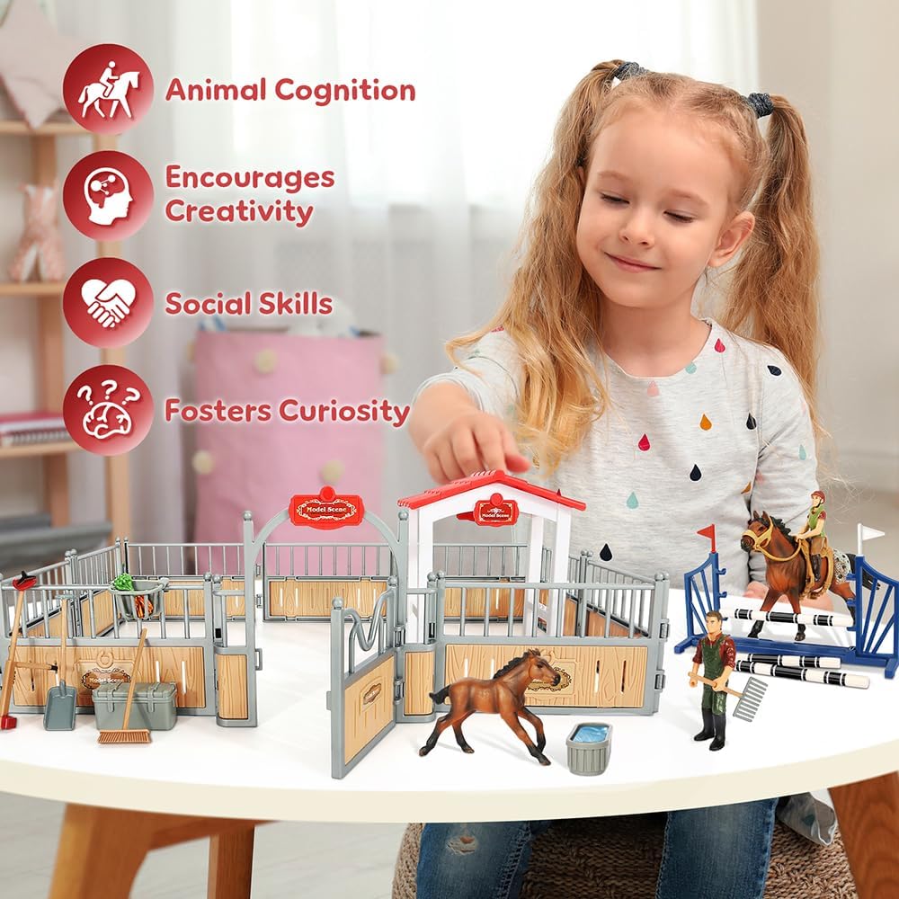 Horse Stable Playset, Horse Toys Set for Girls and Boys with Rider, Farm Animal Figurines Barn