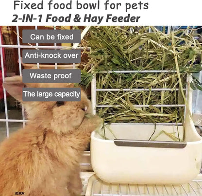 HERCOCCI Rabbit Hay Food Bin Feeder and Bunny Water Bottle Set, Hay Food Feeder Bowls Manger Rack