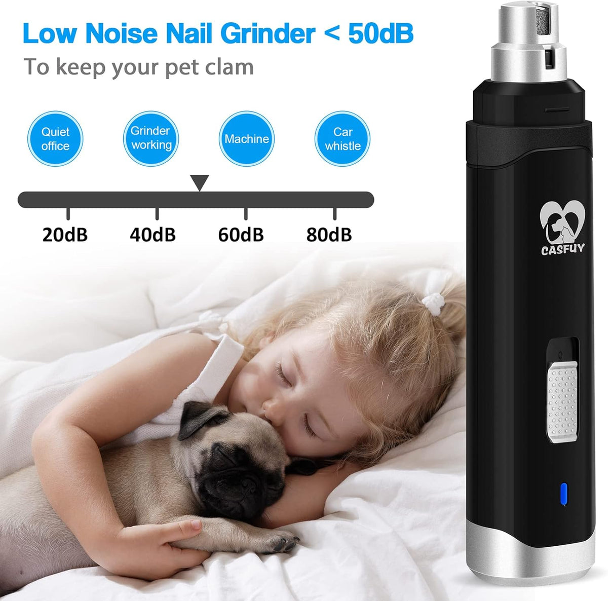 Casfuy Dog Nail Grinder Upgraded - Professional 2-Speed Electric Rechargeable Pet Nail Trimmer