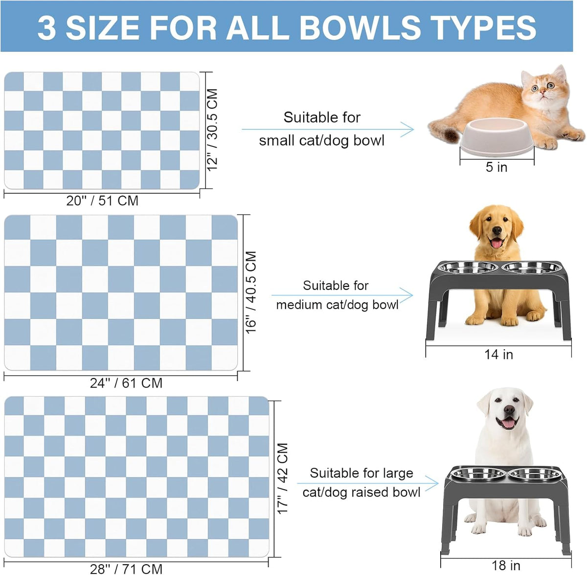 Pet Feeding Mat, 16"x 24" Absorbent Dog Food Mat, Checkered Cat Bowl Mats, Easy to Clean Pet