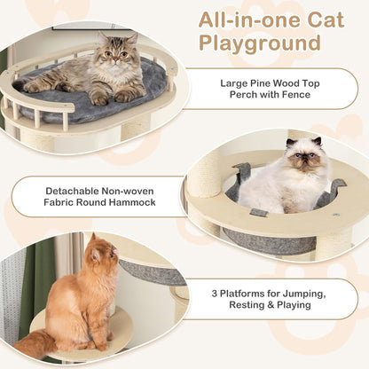 Tangkula Wood Cat Tree, 59 Inch Multi-Level Cat Tower with Top Padded Perch, Hammock, 3 Platforms &