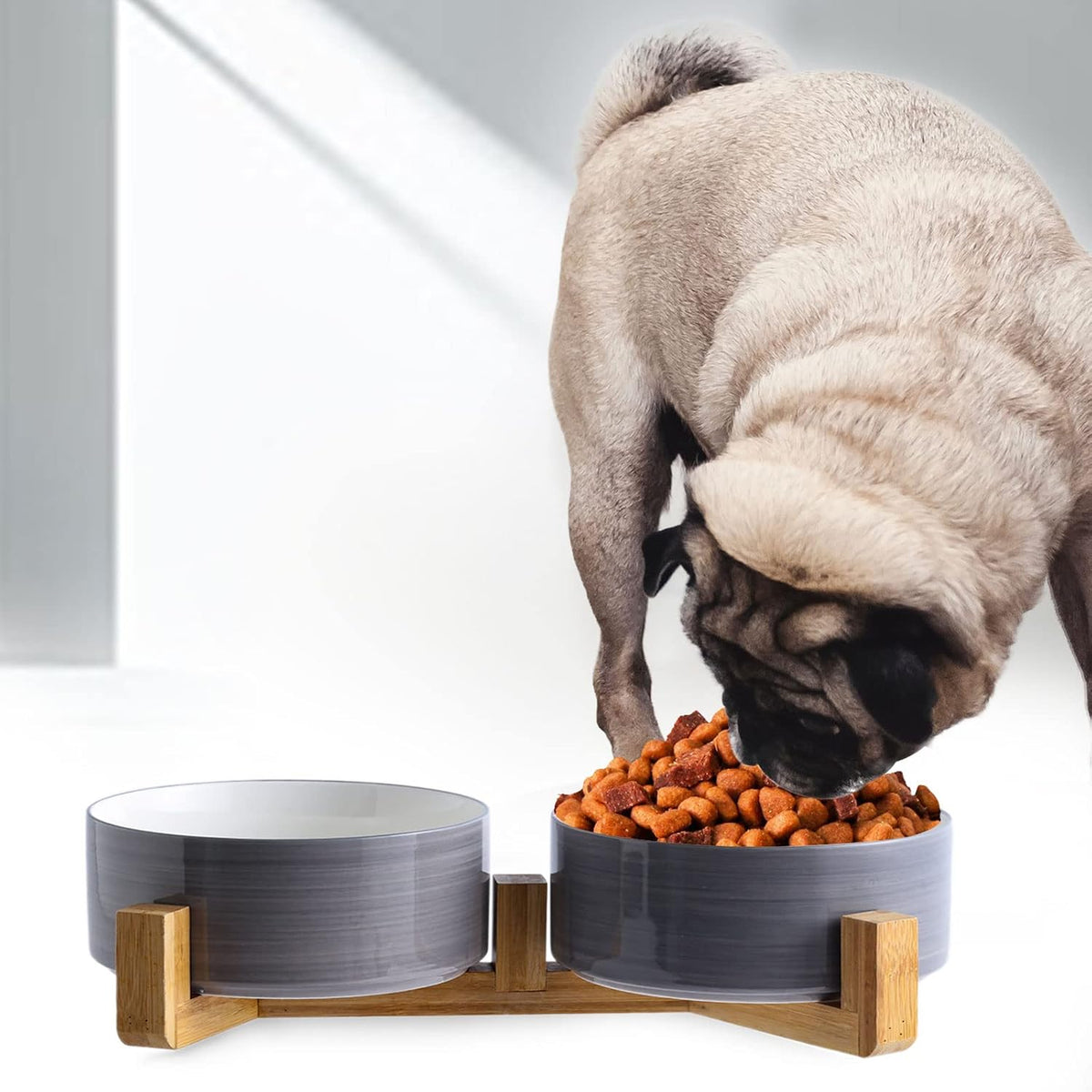 Petygooing Dog Bowls,Ceramic Cat Dog Bowl Set with Wood Stand for Food and Water,Non-Slip Weighted