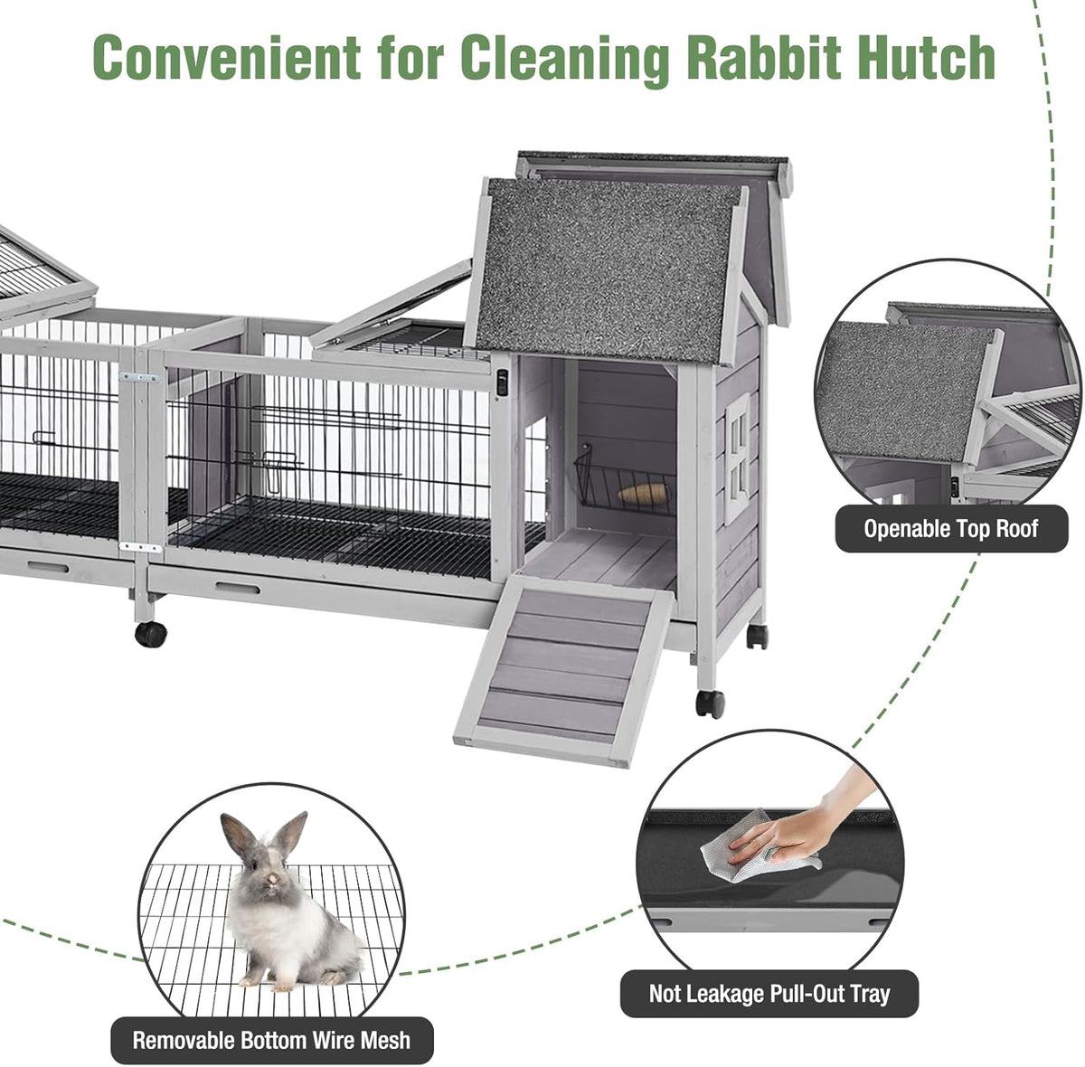 Wooden Rabbit Hutch with Wheels, Indoor Outdoor Bunny Cage with Removable Netting, Guinea Pig House