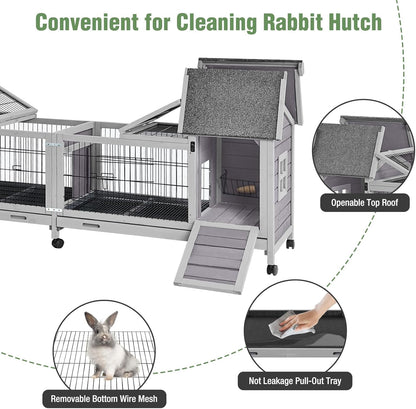 Wooden Rabbit Hutch with Wheels, Indoor Outdoor Bunny Cage with Removable Netting, Guinea Pig House