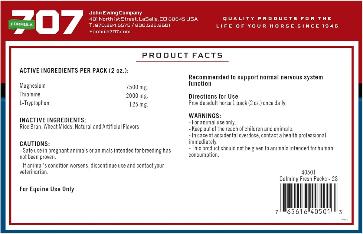 Formula 707 Calming Equine Supplement, Daily Fresh Packs – Anxiety Relief and Enhanced Focus for