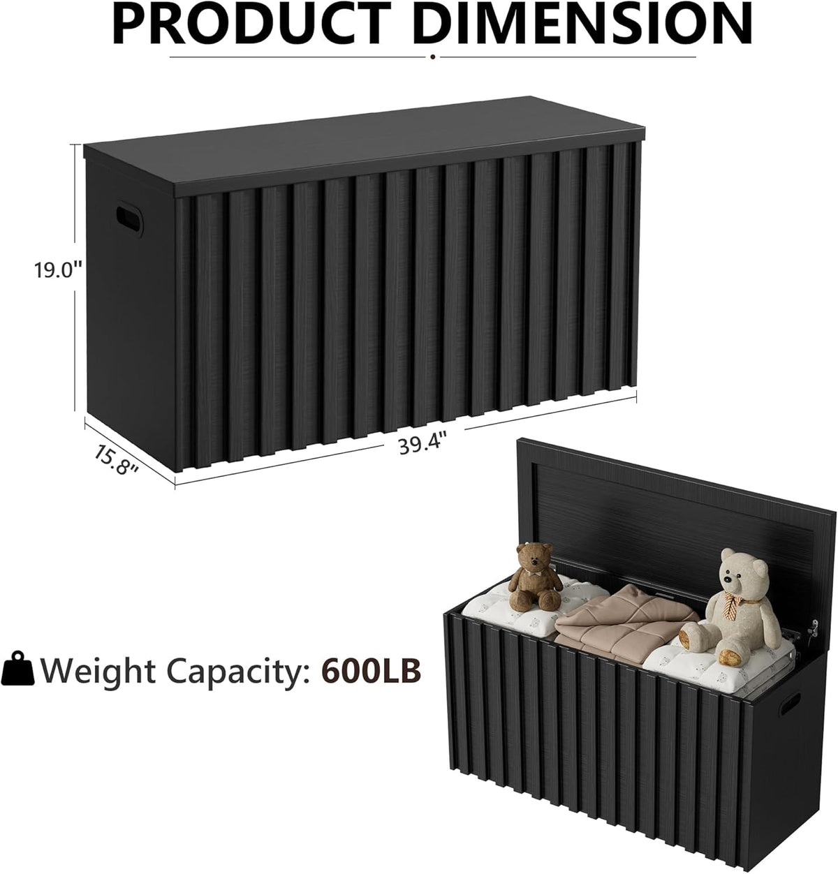 UEV Black Storage Bench Set of 2, 39.4" Fluted Wood Storage Trunk with 2 Safety Hinges, Sturdy