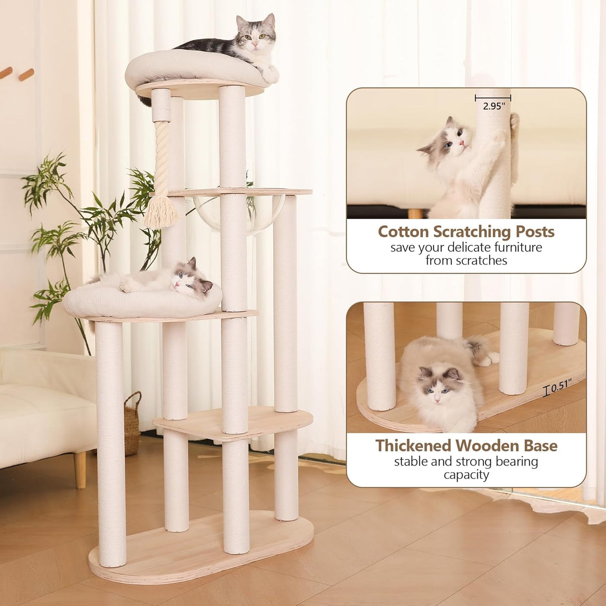 59" Modern Cat Tree Multi-Level Large Cat Tower Heavy Duty Cat Tree with Hammock,Cotton Scratching