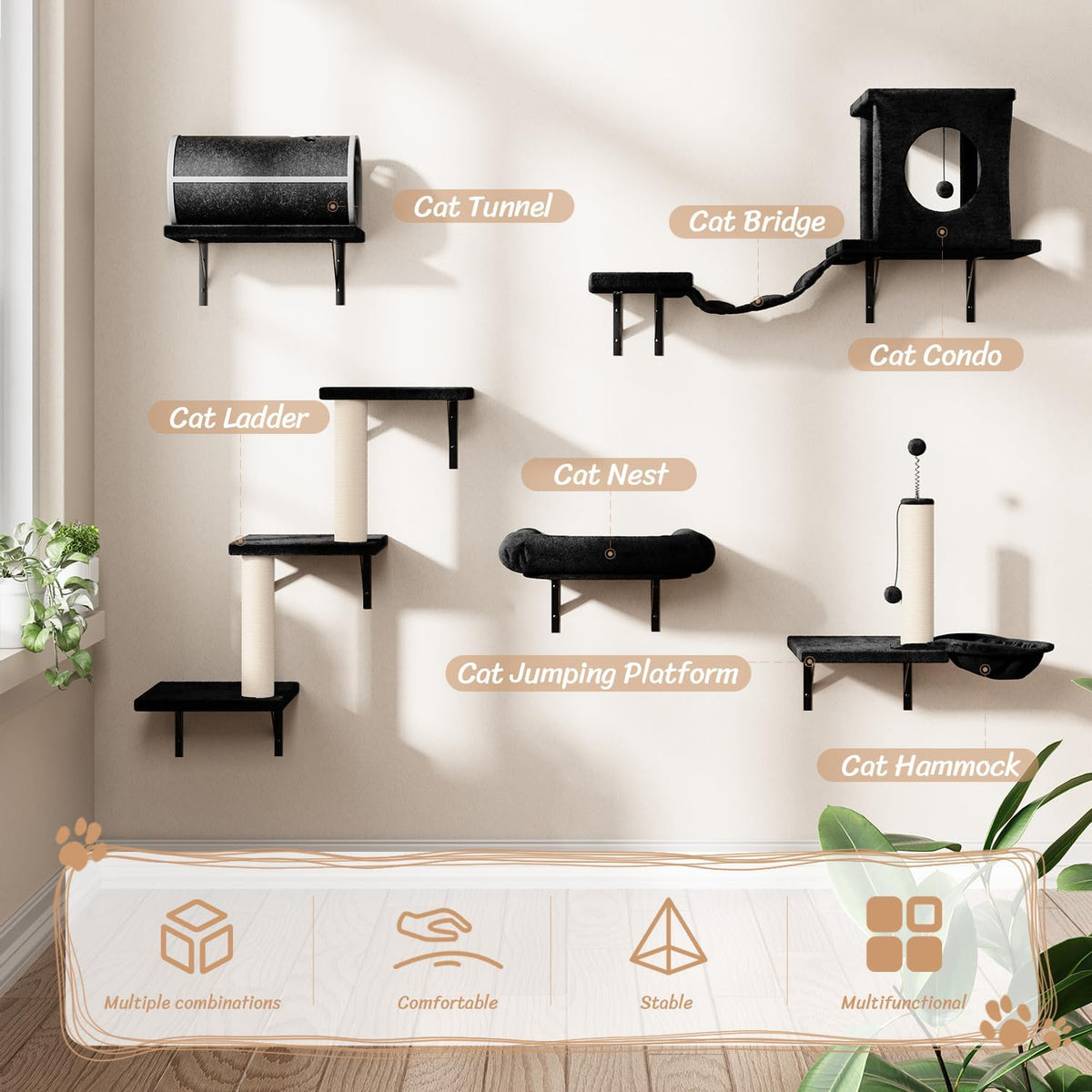 NUNU LAB Wall Mounted Cat Furniture, 7 Pcs Cat Wall Shelves with House, Tunnel, Bridge, Steps