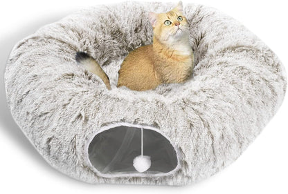 AUOON Cat Tunnel Bed - Cat Donut Tunnel with Soft Plush Circle Cushion for Indoor Cats Kitten Kitty