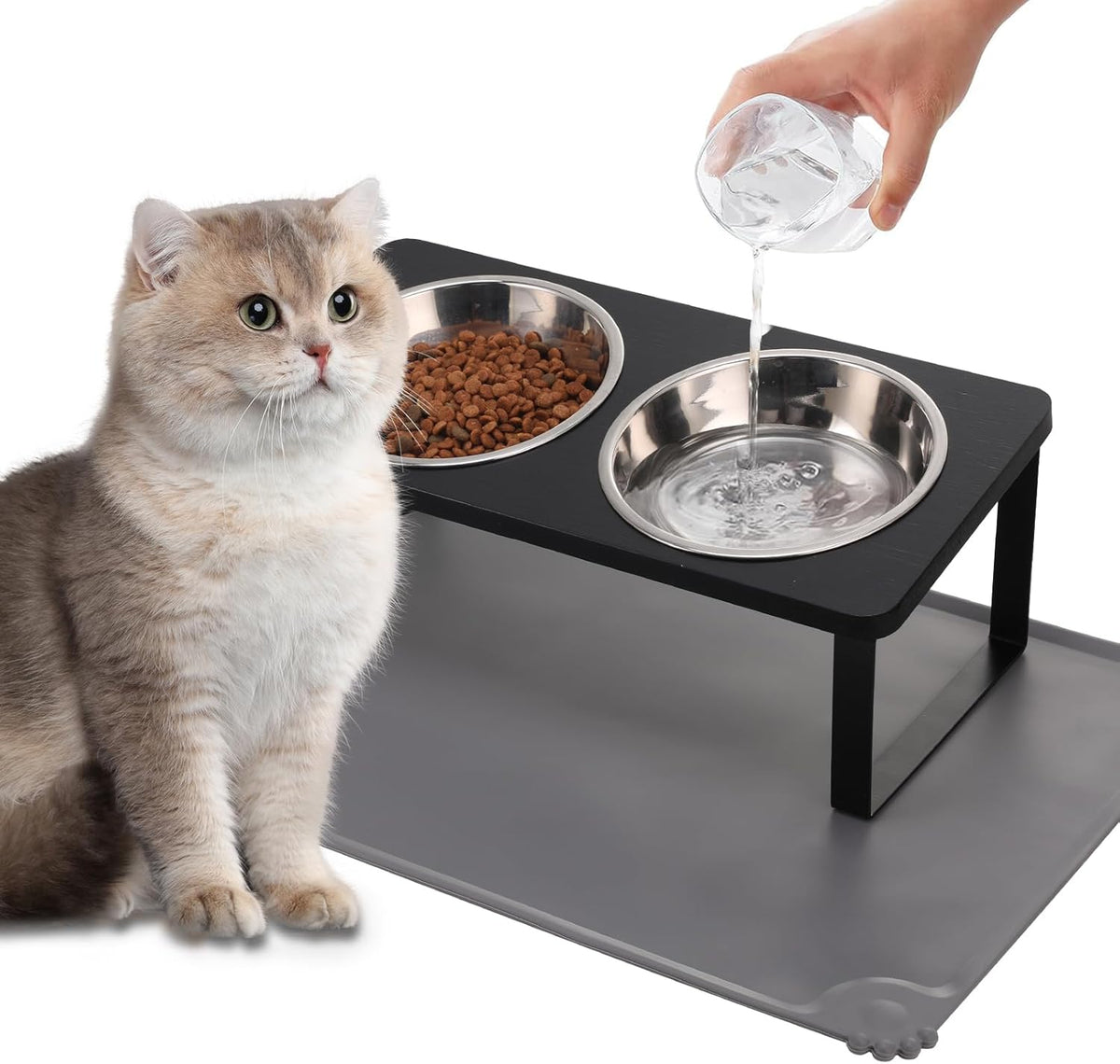 Upgraded Elevated Cat Bowls with Food Mat,15°Tilted Stand Anti Vomiting Raised Cat Dishes for Food