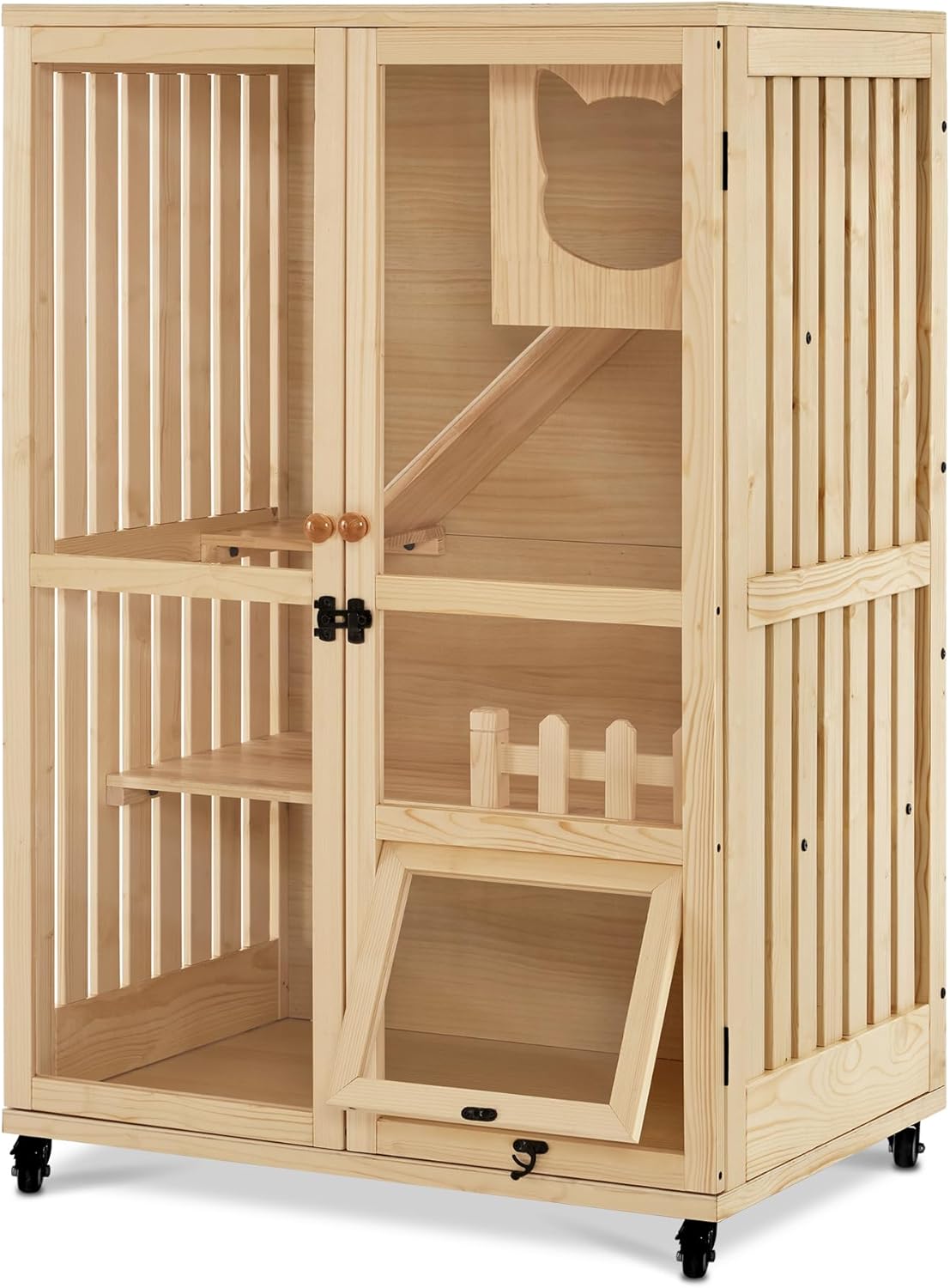 MCombo Wooden Cat Houses for Indoor Cats, Luxury Kitten House with Scratching Pad, Lockable Doors