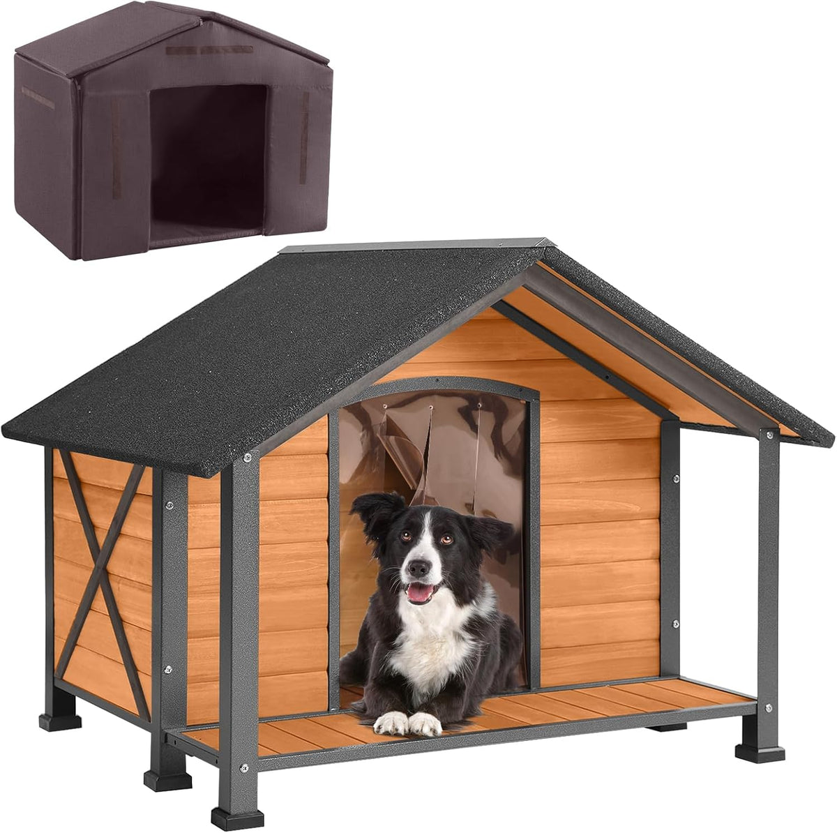 Aivituvin Dog House with Insulated Liner Outdoor All-Around Iron Frame Dog Kennel Outside with