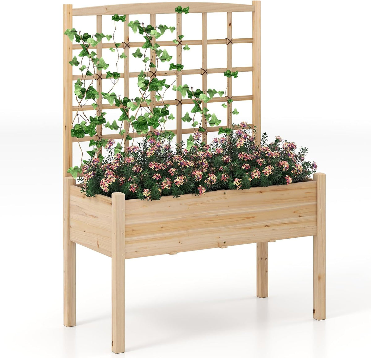 Giantex Raised Garden Bed with Trellis, Wooden Elevated Planter Box with Legs, Drainage Holes for