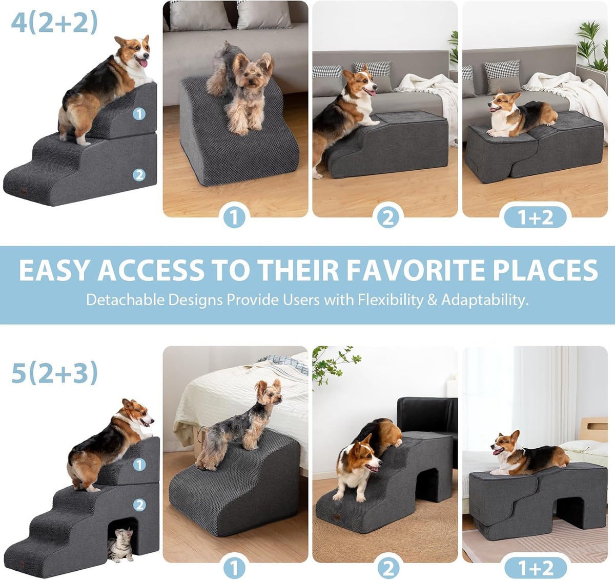 Dog Stairs for High Beds with Tunnel, 5-Step Dog Steps for Small Dogs and Cats, Foldable Pet Stairs